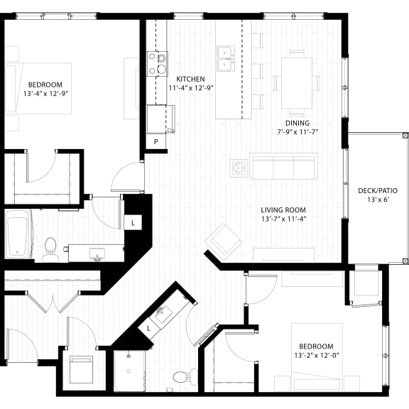 floor plan of the 1125 square foot floor plan for a 3 bedroom apartment