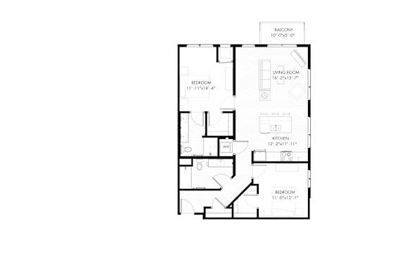 A floor plan of a small apartment with a living room, dining room, kitchen, and two bathrooms.