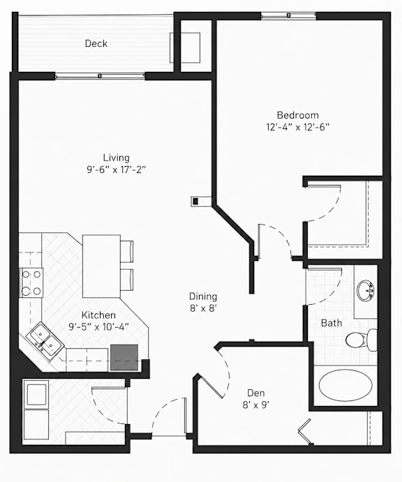 A black and white image of a floor plan for a small apartment.