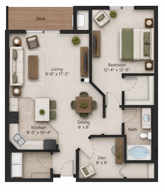 A floor plan of a house with a deck, living room, kitchen, dining room, bedroom, bathroom, and den.