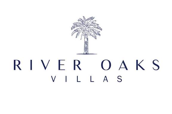 Floor Plan  A logo with a palm tree and the words &quot;River Oaks Villas&quot;.