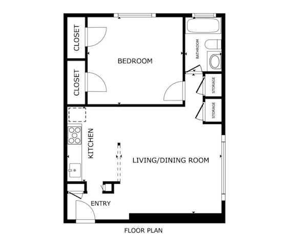 A floor plan of a room with a bedroom, living/dining room, kitchen, and closets.