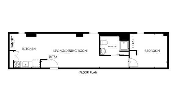 A floor plan of a home with a kitchen, living/dining room, entry, bathroom, and bedroom.