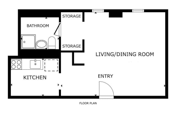 A floor plan of a living area with a kitchen and two bathrooms.