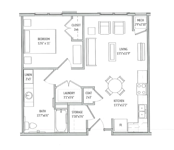 A floor plan of a small apartment with a bedroom, living room, kitchen, bathroom, laundry, and storage space.
