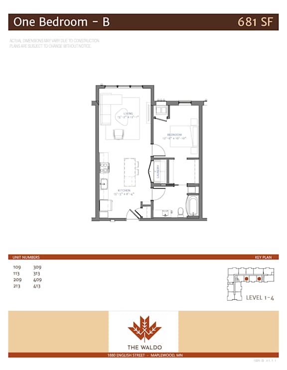 A floor plan of a small apartment with a living room, kitchen, bathroom, and bedroom.