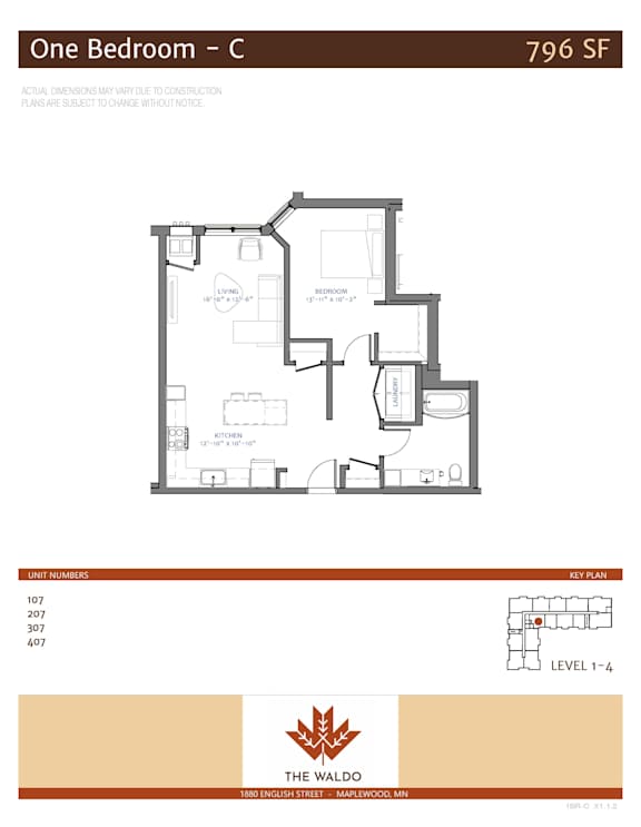 A floor plan for a one bedroom apartment at The Waldo.