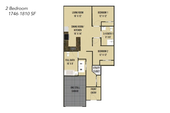 A floor plan of a 2 bedroom apartment.
