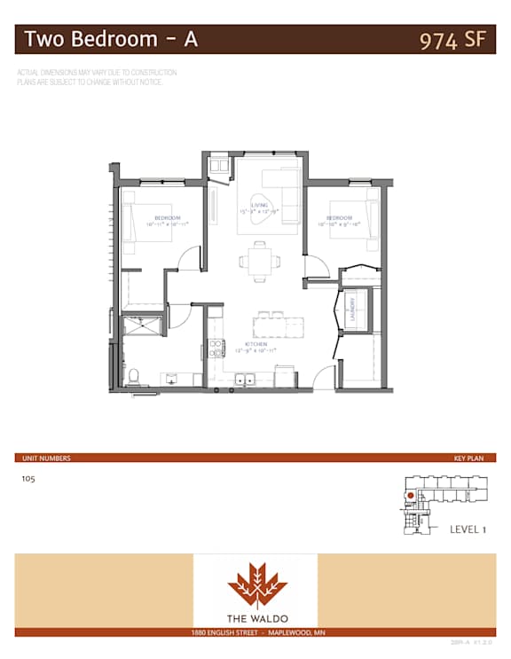 A drawing of a two bedroom apartment with the title above it.