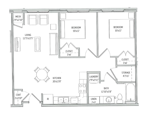 A floor plan of a house with a living room, two bedrooms, a kitchen, a laundry room, a bathroom, a coat area, a linen closet, and a storage area.