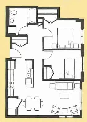 A floor plan of a house with a kitchen, living room, dining room, and two bedrooms.