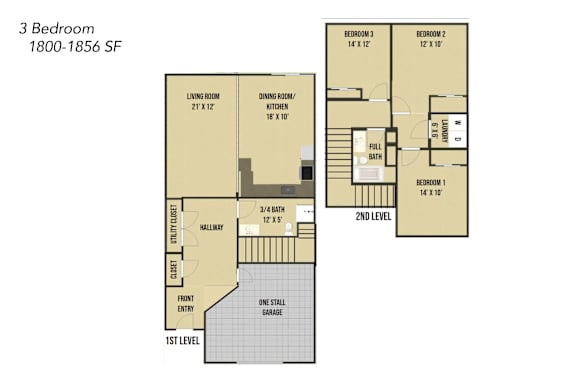 A 3 Bedroom apartment is available at 1800-1856 SF.