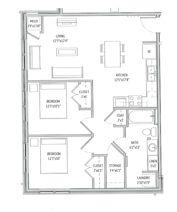 A floor plan of a small apartment with a living room, two bedrooms, a kitchen, a bathroom, and a storage area.