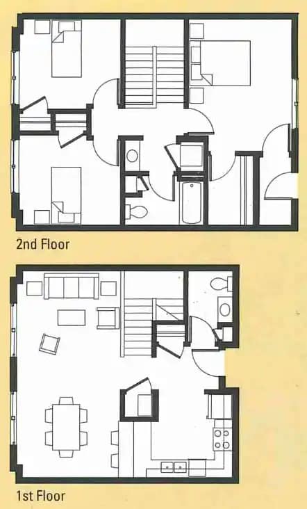 A drawing of a two-story house plan with the first and second floor labeled.