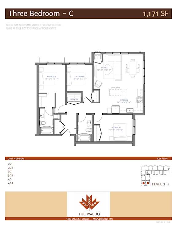 A floor plan for a three bedroom apartment sized 1,171 square feet.