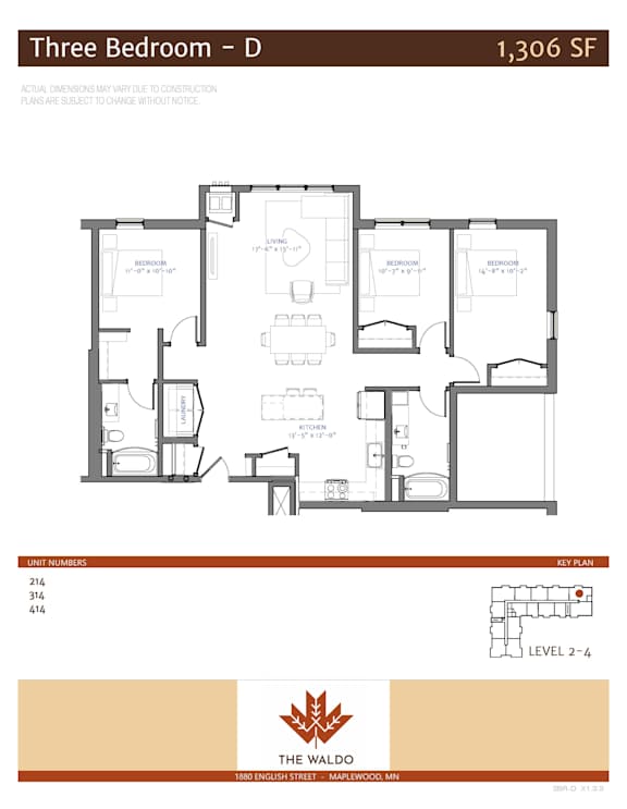 A floor plan for a three bedroom apartment at 1,306 SF.