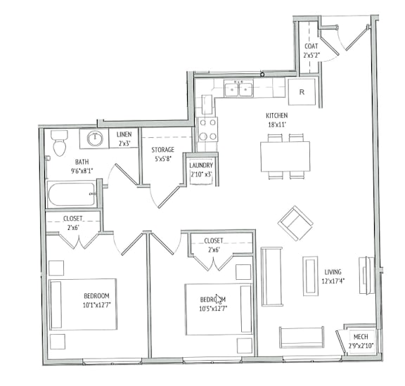 A floor plan of a house with a living room, kitchen, two bedrooms, a bathroom, laundry, and storage.