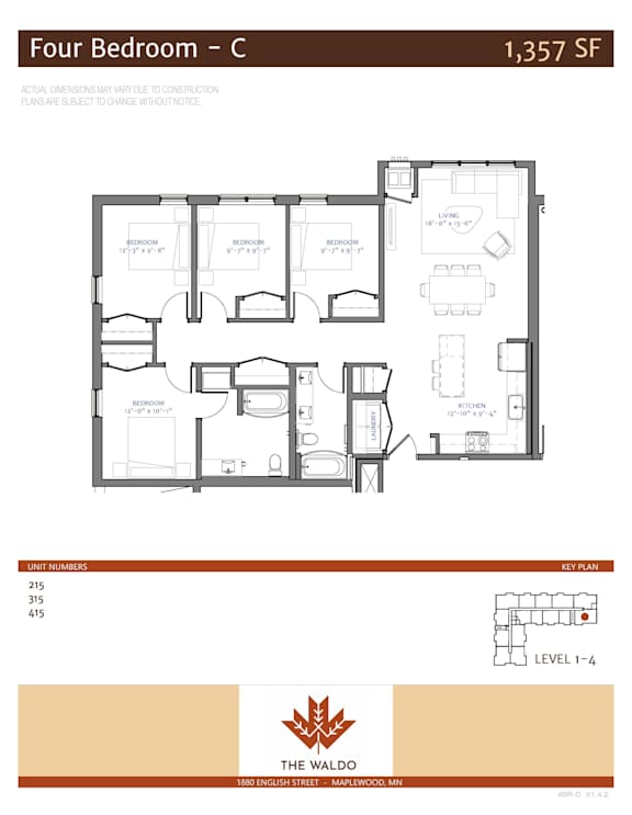 A floor plan for a four bedroom condo is shown.
