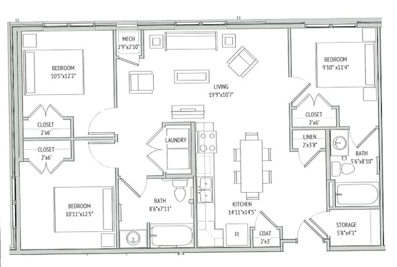 A floor plan of a house with two bedrooms, a living room, a kitchen, a bathroom, a closet, a laundry area, and storage.