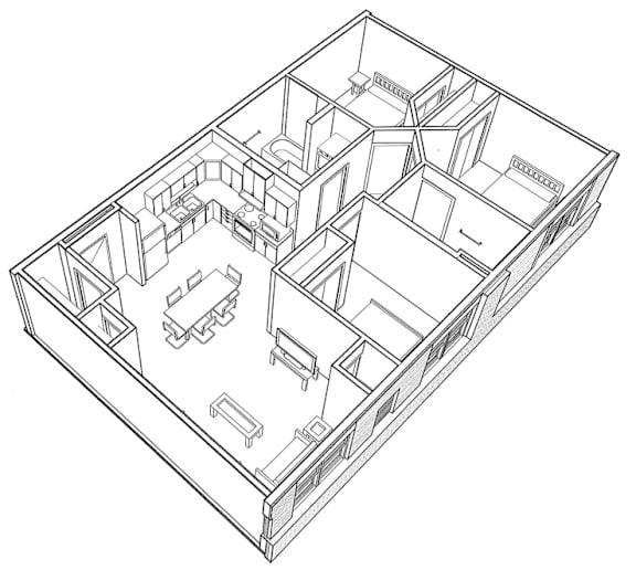 A black and white floor plan of a house with multiple rooms.