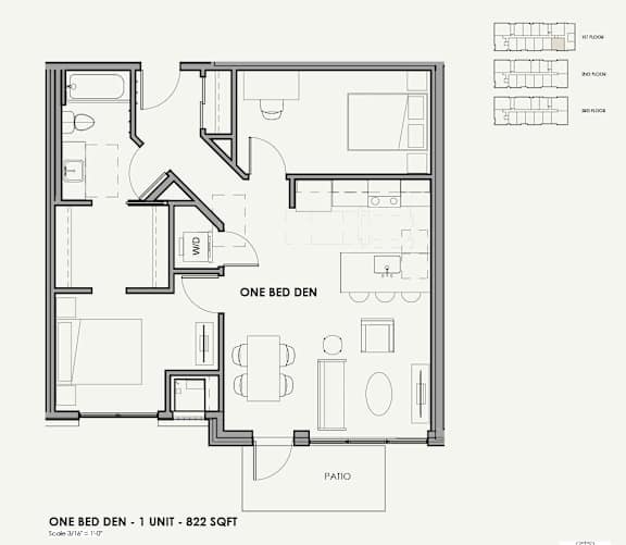 A black and white image of a one bedroom apartment floor plan.
