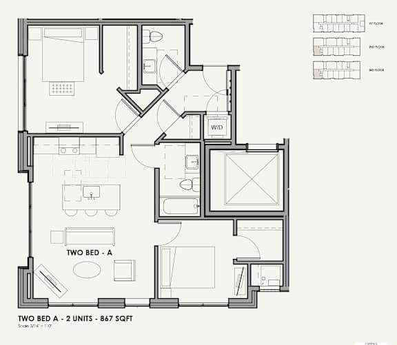 A black and white image of a two bedroom apartment layout.