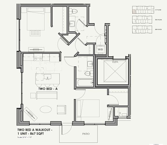A black and white image of a two bedroom apartment layout.