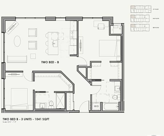 A floor plan of a two bedroom apartment with 3 units and a total area of 1041 square feet.