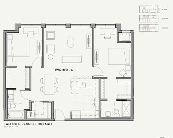 A black and white image of a two bedroom apartment layout.