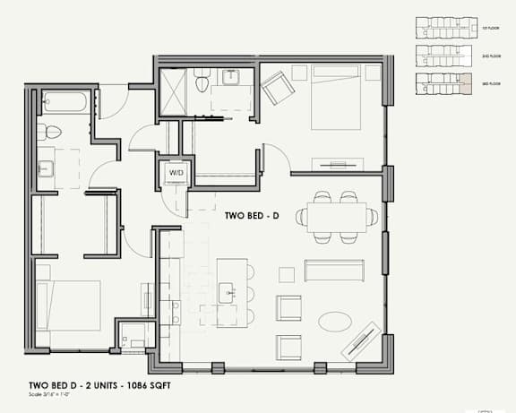 A black and white image of a two bedroom apartment layout.