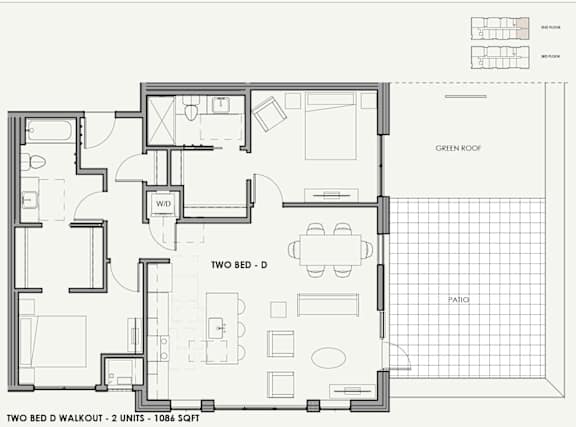 A floor plan of a two bedroom apartment with a patio.