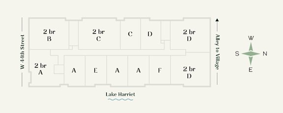 A diagram of a street layout with buildings and Lake Harriet.