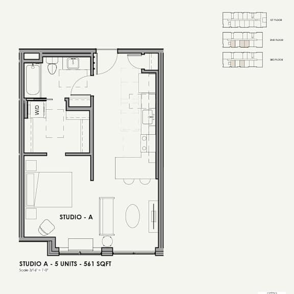 A floor plan of a studio apartment with labeled rooms and furniture.