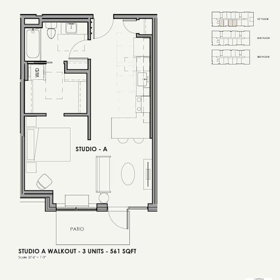 A black and white drawing of a studio apartment layout.