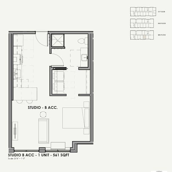 A floor plan of a studio apartment with a living room, kitchen, and bathroom.