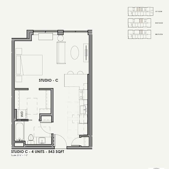 A floor plan of a studio apartment with labeled rooms and furniture.