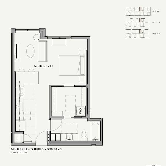 A floor plan of a studio apartment with 3 units, each with 550 square feet of space.