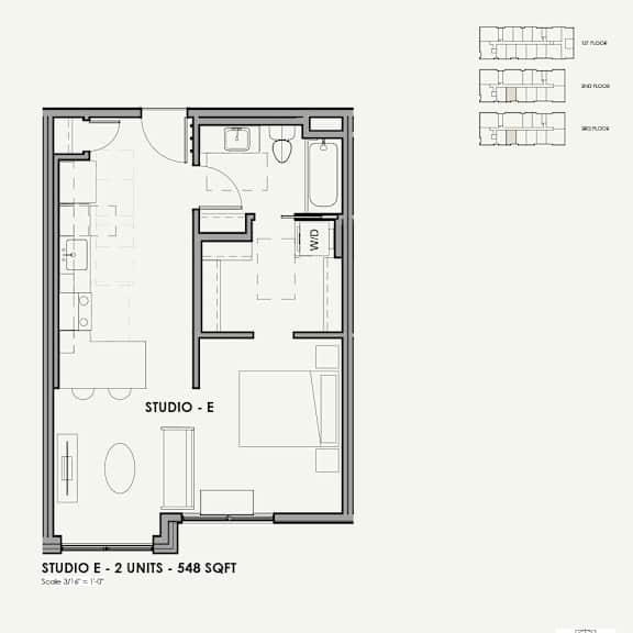 A floor plan of a studio apartment with a kitchen, living room, and bathroom.