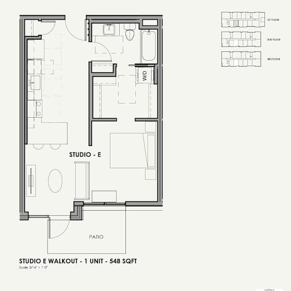 A black and white drawing of a studio apartment layout.