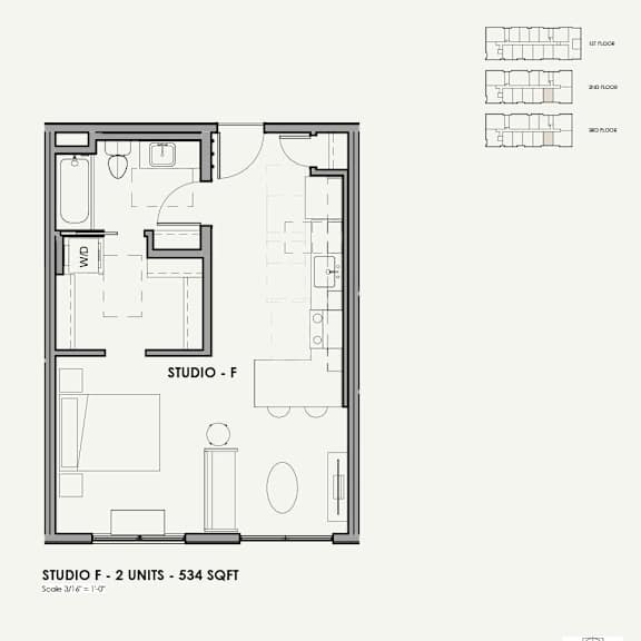 A floor plan of a studio apartment with a kitchen, living room, and bathroom.