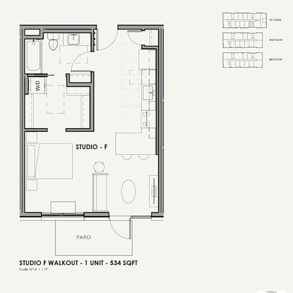 A black and white drawing of a studio apartment layout.