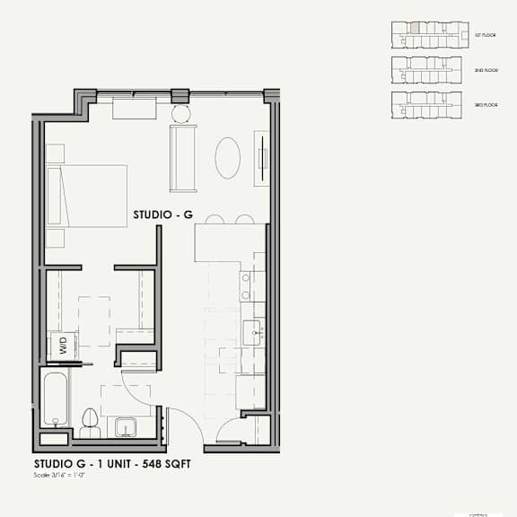 A black and white floor plan of a studio apartment.