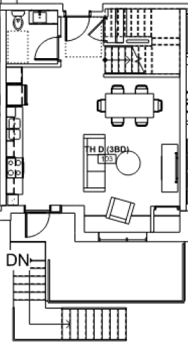 A floor plan of a room with a kitchen area, a living room, and a bathroom.