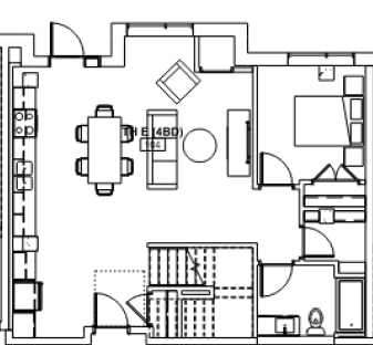 A floor plan of a house with a kitchen, living room, and dining area.