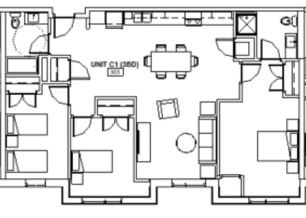 A floor plan of a unit with a kitchen, living room, and bedrooms.