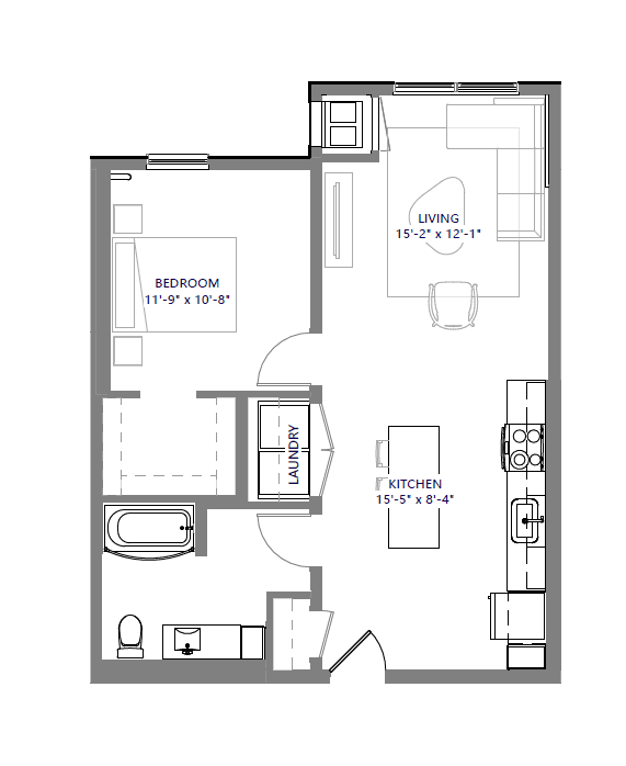A floor plan of a small apartment with a bedroom, laundry, and kitchen.