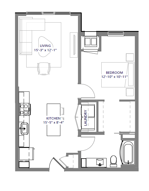 A floor plan of a small apartment with a living room, kitchen, laundry, and bedroom.