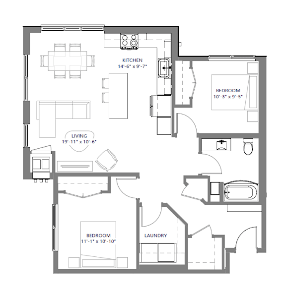 A floor plan of a house with a kitchen, living room, two bedrooms, and a laundry room.
