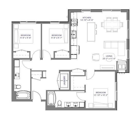 A floor plan of a house with a kitchen, living room, and three bedrooms.