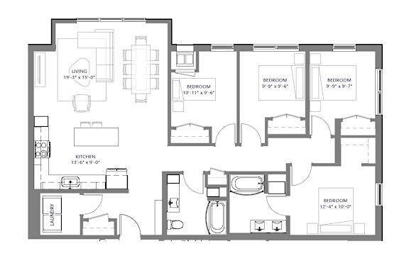 A black and white image of a floor plan for a house with a living room, kitchen, and four bedrooms.